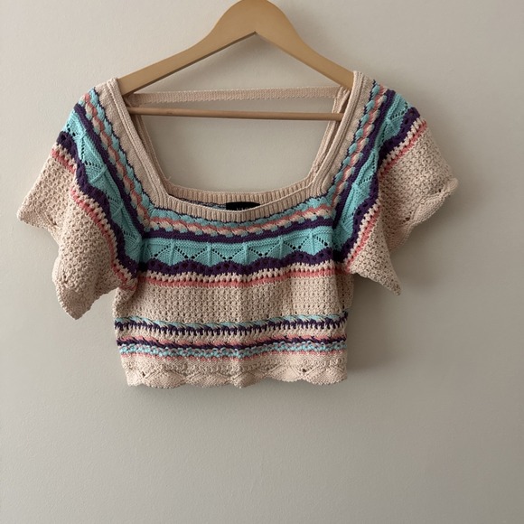 Vici Tops - Vici Knit Crochet Colorful Cropped Square Neck Short Sleeve Top Women's Medium